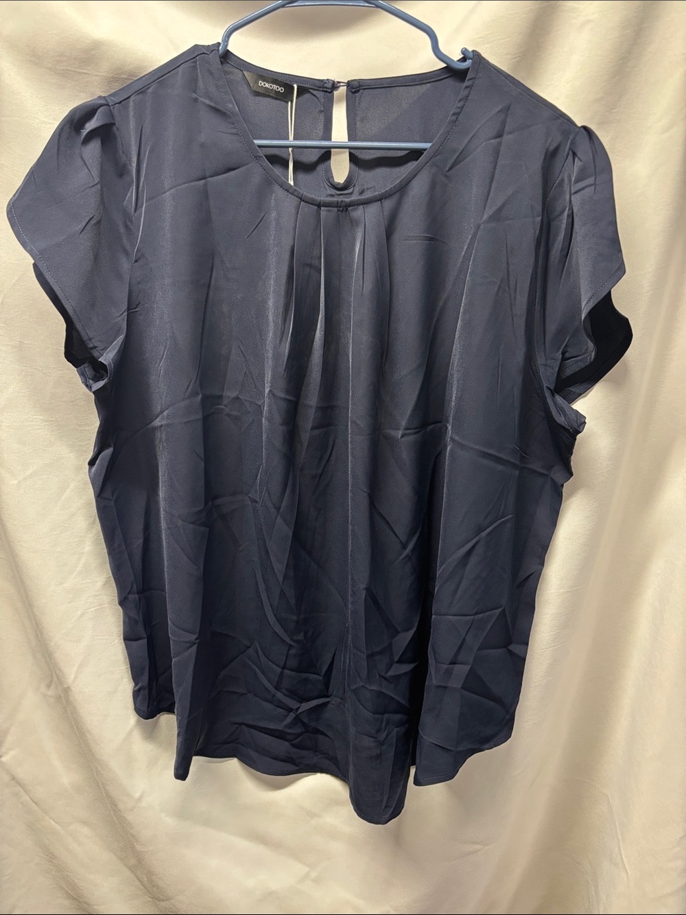 Dokotoo Navy Pleated Cap-Sleeve Blouse
